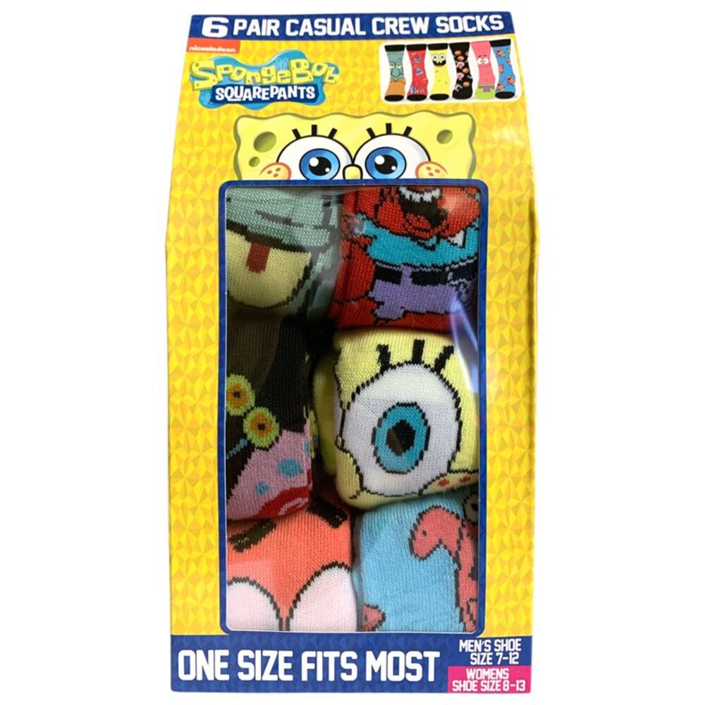 SpongeBob - Hyp Novelty Unisex Casual Crew Socks for Adults, 6-Pair, OSFM, M 7-1